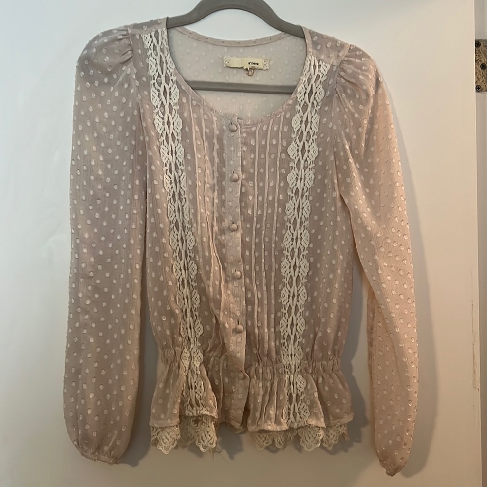 Cream button front blouse with lace detail